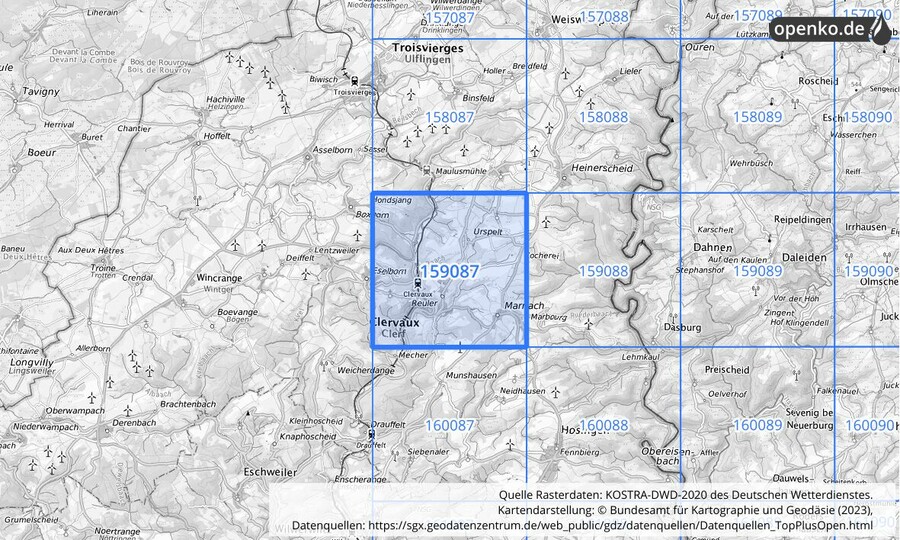 Übersichtskarte des KOSTRA-DWD-2020-Rasterfeldes Nr. 159087