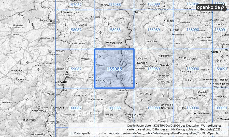 Übersichtskarte des KOSTRA-DWD-2020-Rasterfeldes Nr. 159088