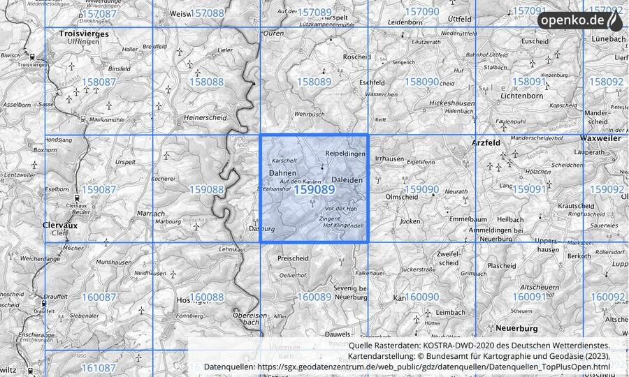 Übersichtskarte des KOSTRA-DWD-2020-Rasterfeldes Nr. 159089