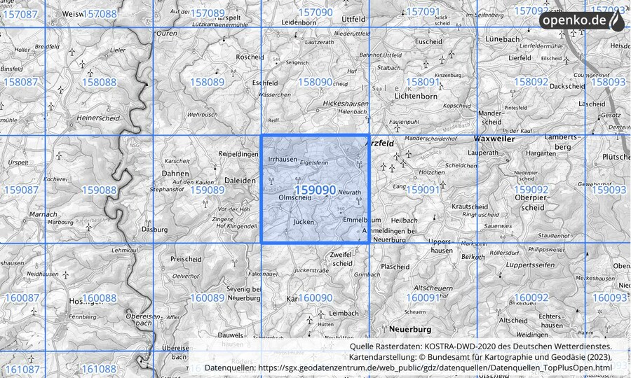 Übersichtskarte des KOSTRA-DWD-2020-Rasterfeldes Nr. 159090