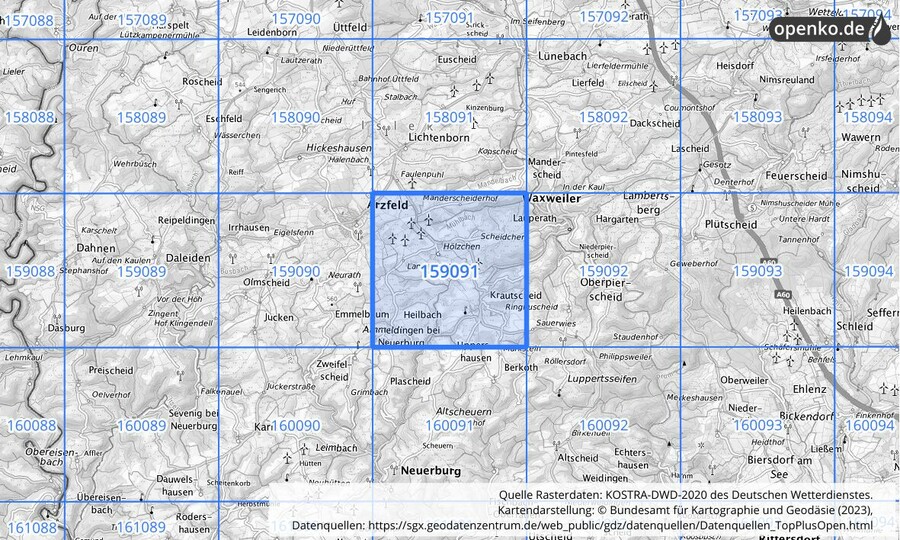 Übersichtskarte des KOSTRA-DWD-2020-Rasterfeldes Nr. 159091