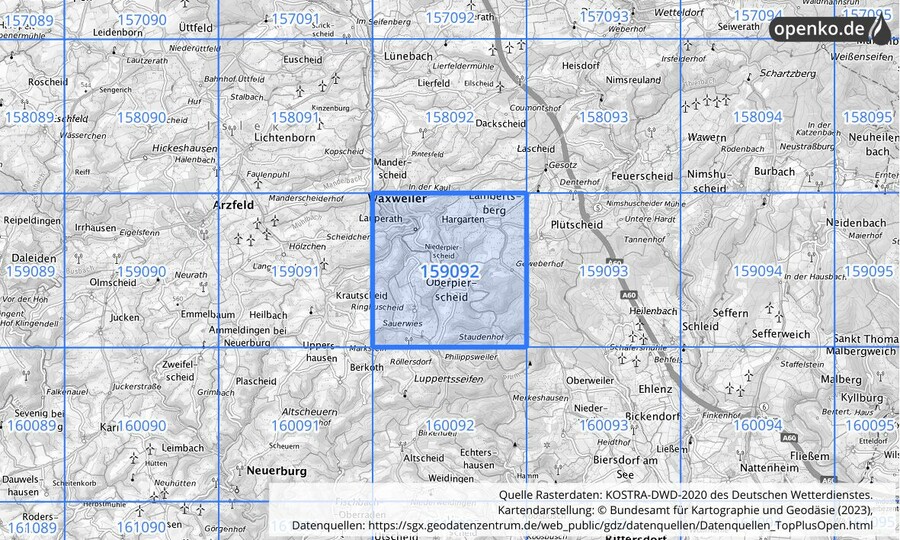 Übersichtskarte des KOSTRA-DWD-2020-Rasterfeldes Nr. 159092