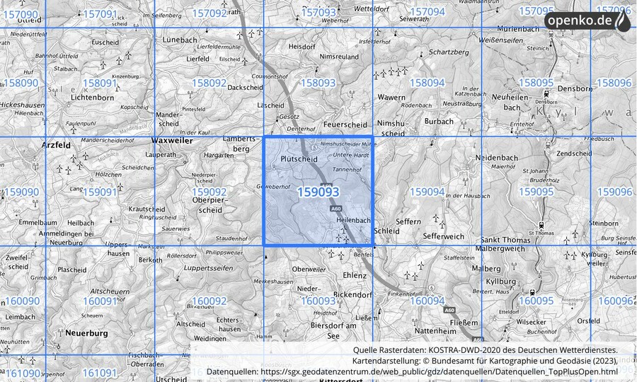 Übersichtskarte des KOSTRA-DWD-2020-Rasterfeldes Nr. 159093