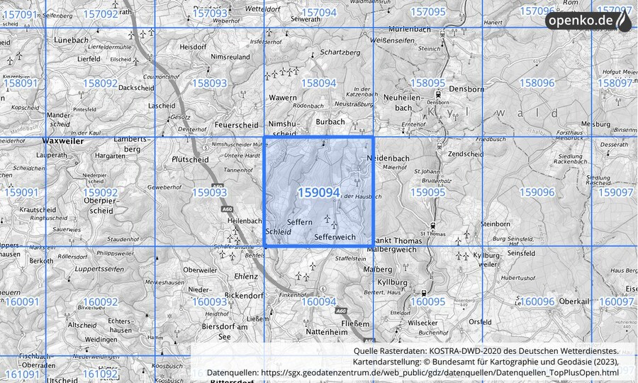 Übersichtskarte des KOSTRA-DWD-2020-Rasterfeldes Nr. 159094