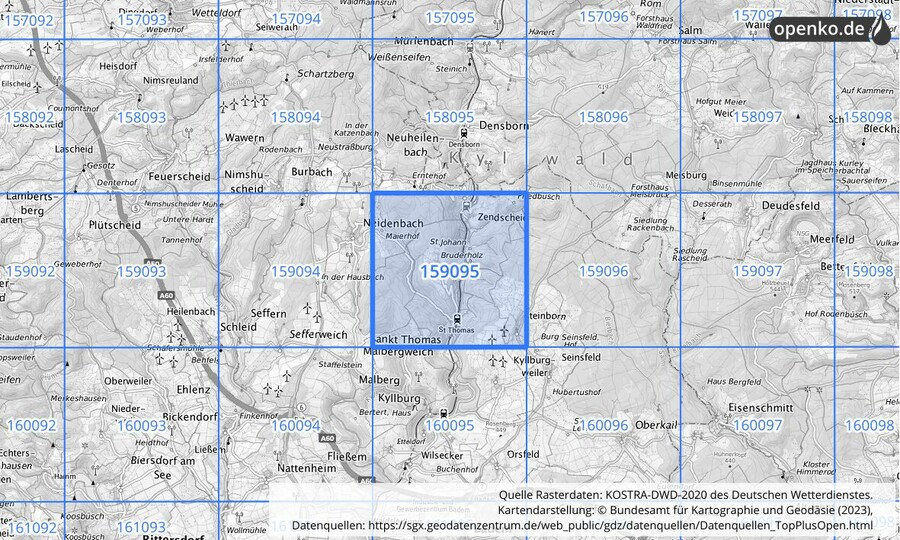 Übersichtskarte des KOSTRA-DWD-2020-Rasterfeldes Nr. 159095