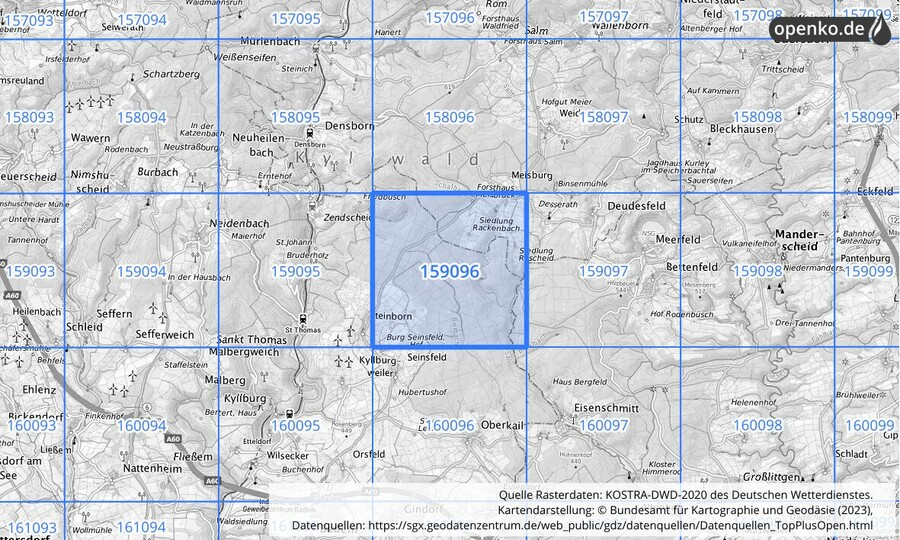 Übersichtskarte des KOSTRA-DWD-2020-Rasterfeldes Nr. 159096