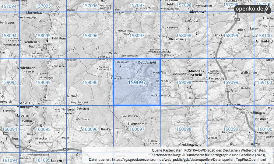 Übersichtskarte des KOSTRA-DWD-2020-Rasterfeldes Nr. 159097