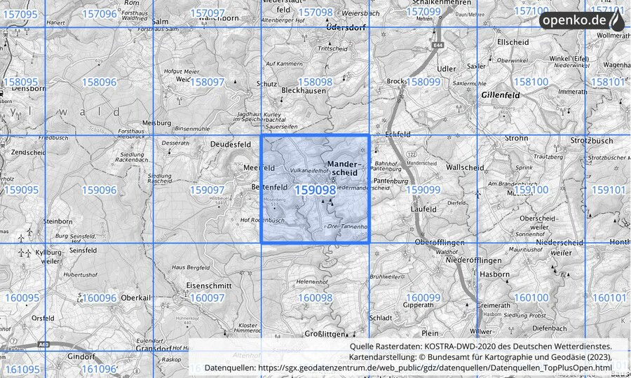 Übersichtskarte des KOSTRA-DWD-2020-Rasterfeldes Nr. 159098