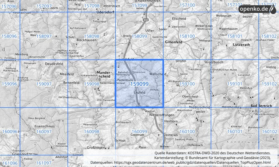 Übersichtskarte des KOSTRA-DWD-2020-Rasterfeldes Nr. 159099