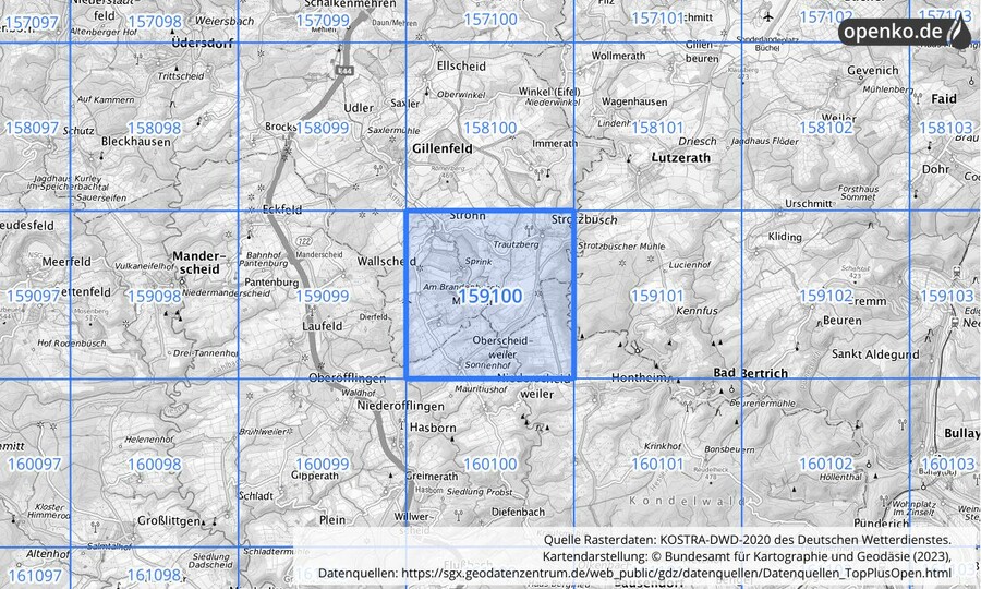 Übersichtskarte des KOSTRA-DWD-2020-Rasterfeldes Nr. 159100