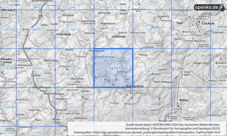 Übersichtskarte des KOSTRA-DWD-2020-Rasterfeldes Nr. 159101