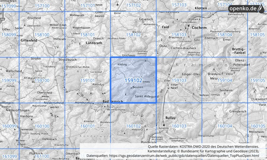 Übersichtskarte des KOSTRA-DWD-2020-Rasterfeldes Nr. 159102