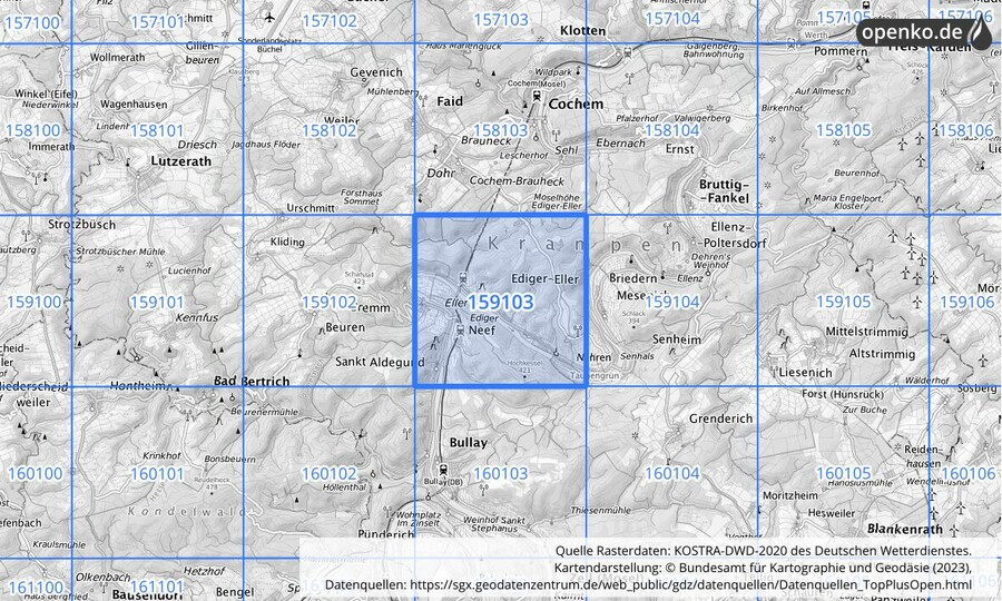 Übersichtskarte des KOSTRA-DWD-2020-Rasterfeldes Nr. 159103