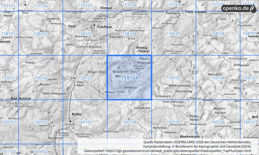 Übersichtskarte des KOSTRA-DWD-2020-Rasterfeldes Nr. 159104