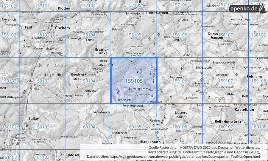 Übersichtskarte des KOSTRA-DWD-2020-Rasterfeldes Nr. 159105