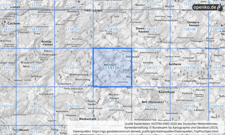 Übersichtskarte des KOSTRA-DWD-2020-Rasterfeldes Nr. 159106