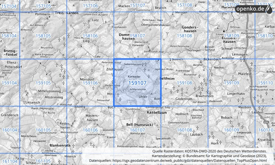 Übersichtskarte des KOSTRA-DWD-2020-Rasterfeldes Nr. 159107