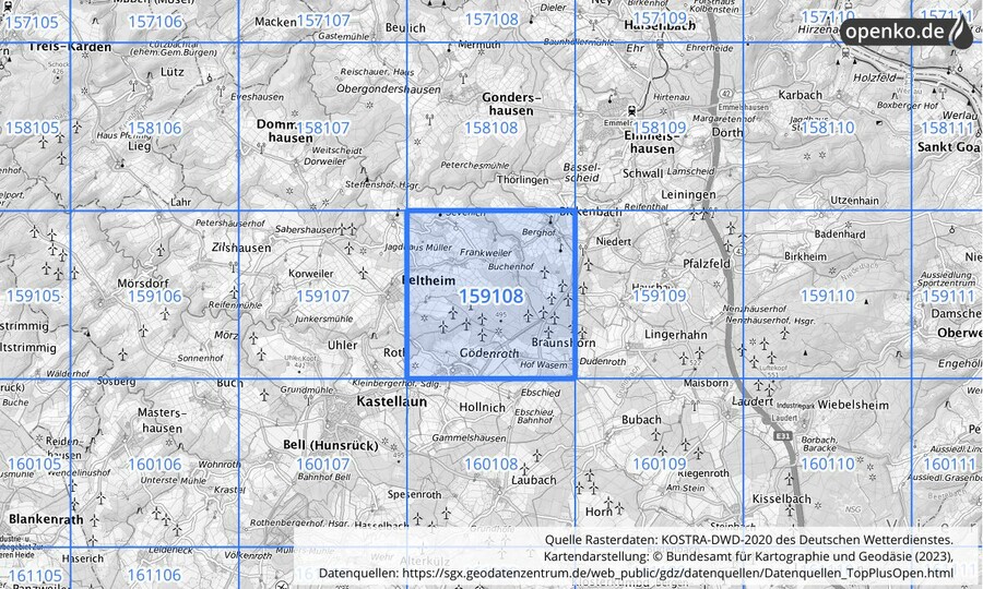 Übersichtskarte des KOSTRA-DWD-2020-Rasterfeldes Nr. 159108