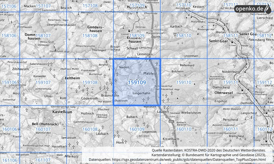 Übersichtskarte des KOSTRA-DWD-2020-Rasterfeldes Nr. 159109