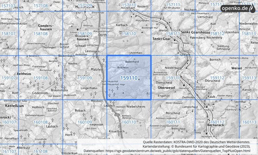 Übersichtskarte des KOSTRA-DWD-2020-Rasterfeldes Nr. 159110