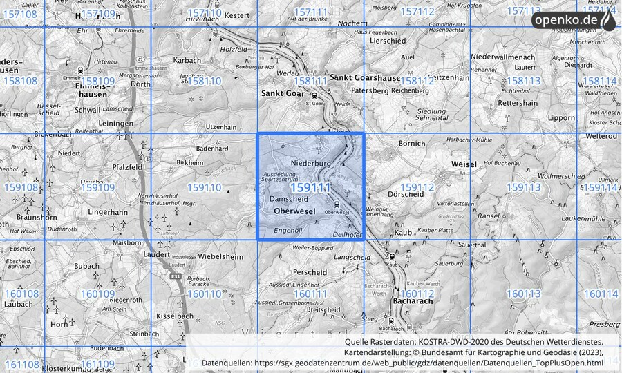 Übersichtskarte des KOSTRA-DWD-2020-Rasterfeldes Nr. 159111