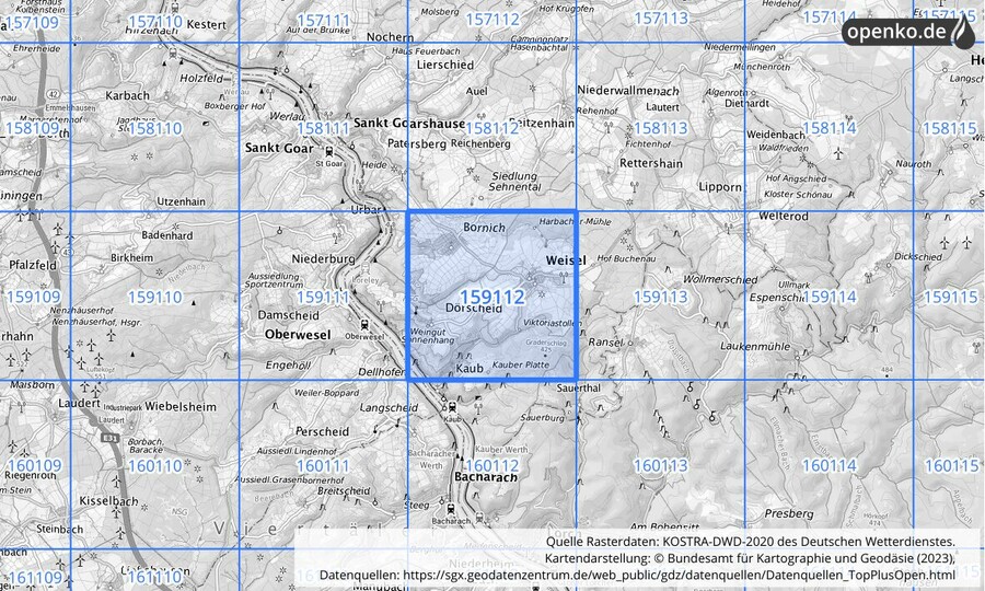 Übersichtskarte des KOSTRA-DWD-2020-Rasterfeldes Nr. 159112