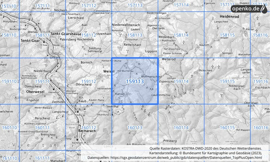 Übersichtskarte des KOSTRA-DWD-2020-Rasterfeldes Nr. 159113