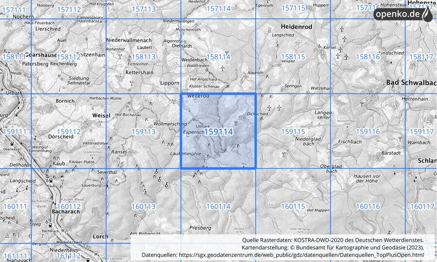Übersichtskarte des KOSTRA-DWD-2020-Rasterfeldes Nr. 159114