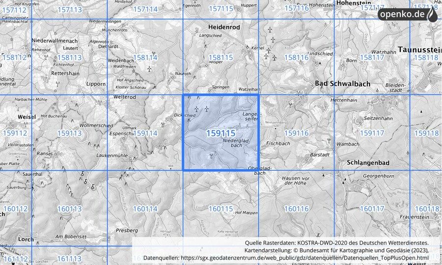 Übersichtskarte des KOSTRA-DWD-2020-Rasterfeldes Nr. 159115