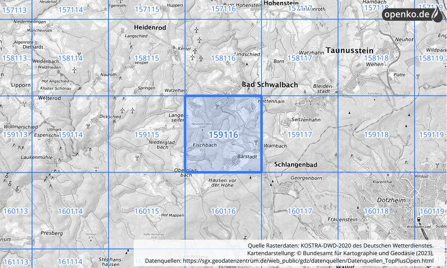 Übersichtskarte des KOSTRA-DWD-2020-Rasterfeldes Nr. 159116