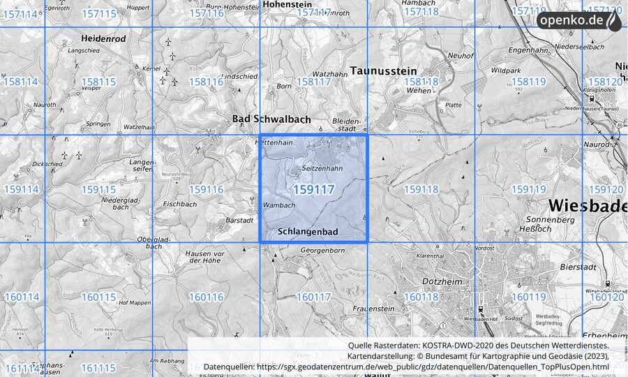 Übersichtskarte des KOSTRA-DWD-2020-Rasterfeldes Nr. 159117