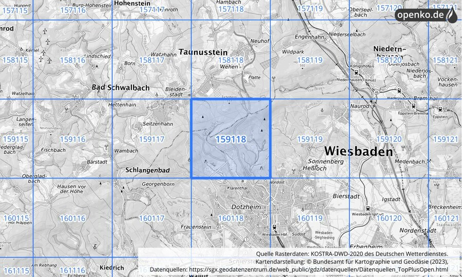 Übersichtskarte des KOSTRA-DWD-2020-Rasterfeldes Nr. 159118