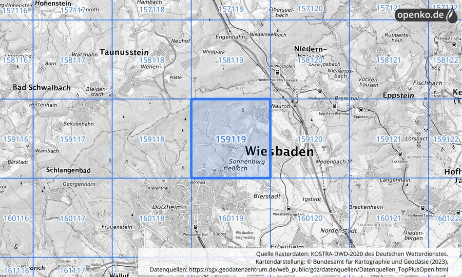 Übersichtskarte des KOSTRA-DWD-2020-Rasterfeldes Nr. 159119