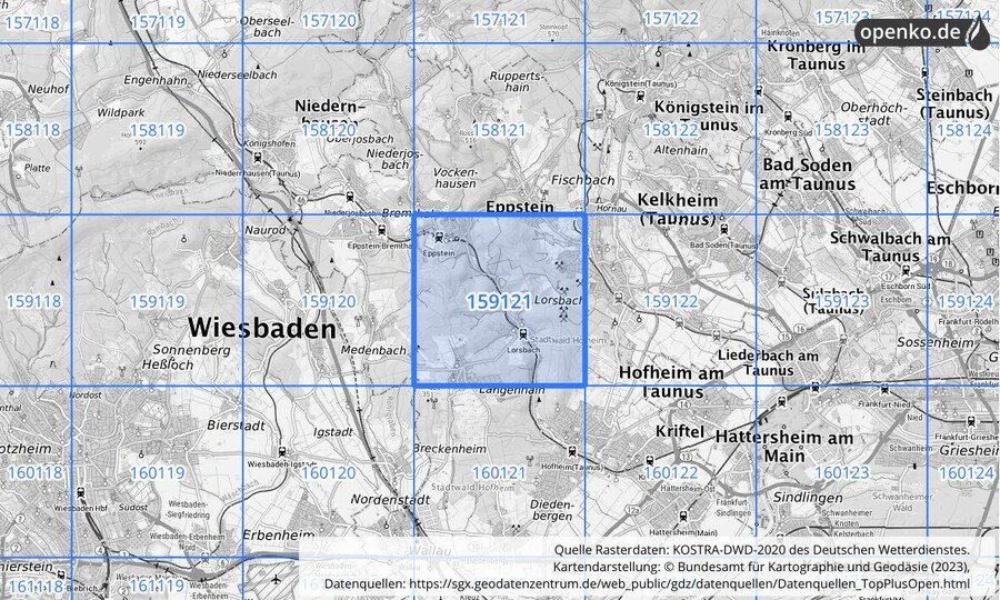 Übersichtskarte des KOSTRA-DWD-2020-Rasterfeldes Nr. 159121