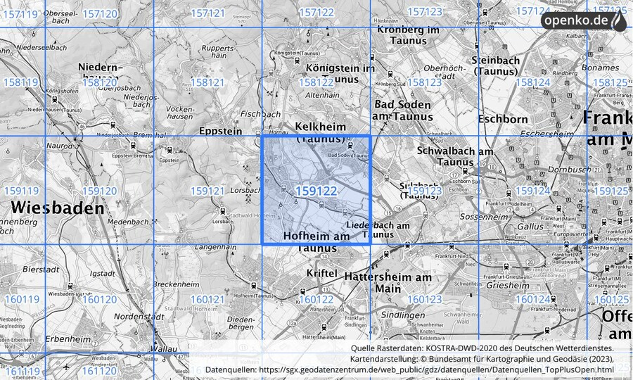 Übersichtskarte des KOSTRA-DWD-2020-Rasterfeldes Nr. 159122