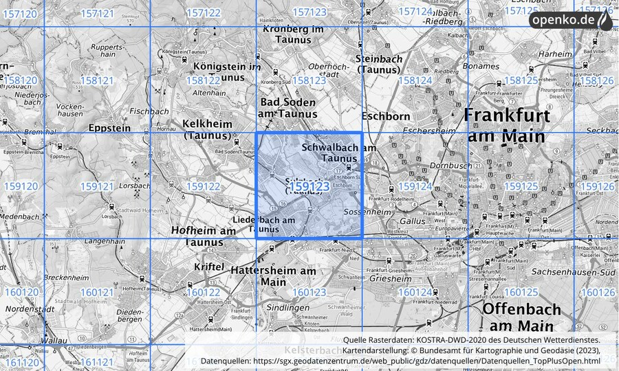 Übersichtskarte des KOSTRA-DWD-2020-Rasterfeldes Nr. 159123