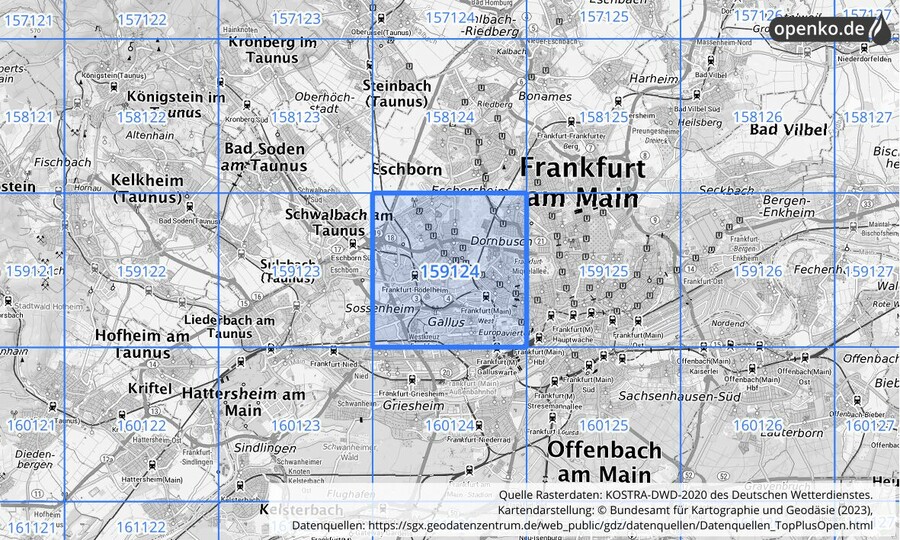 Übersichtskarte des KOSTRA-DWD-2020-Rasterfeldes Nr. 159124