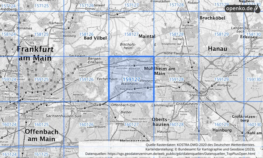 Übersichtskarte des KOSTRA-DWD-2020-Rasterfeldes Nr. 159127
