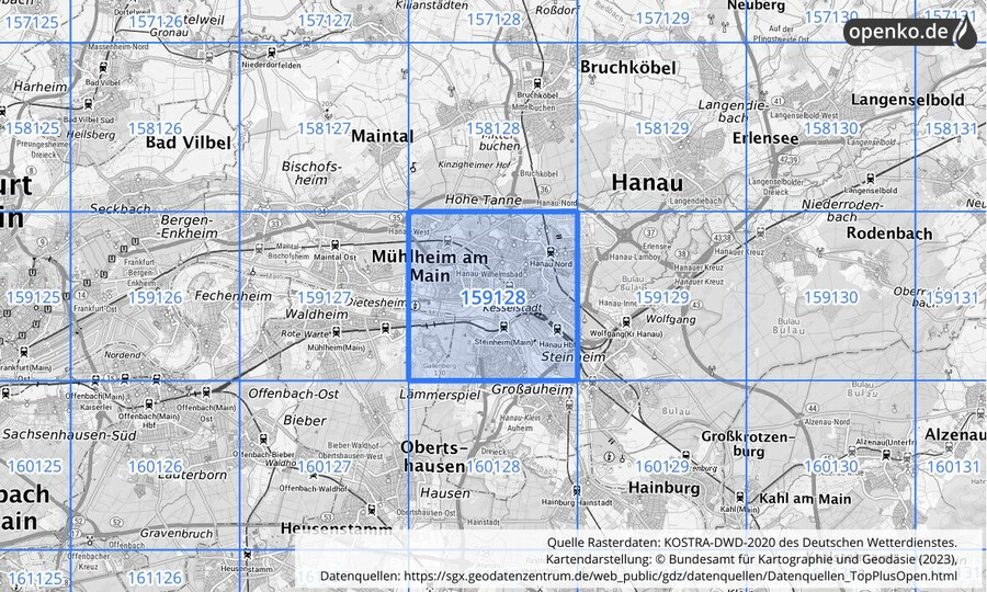 Übersichtskarte des KOSTRA-DWD-2020-Rasterfeldes Nr. 159128