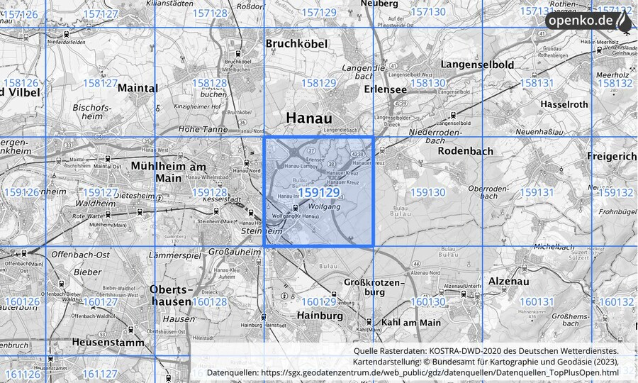 Übersichtskarte des KOSTRA-DWD-2020-Rasterfeldes Nr. 159129