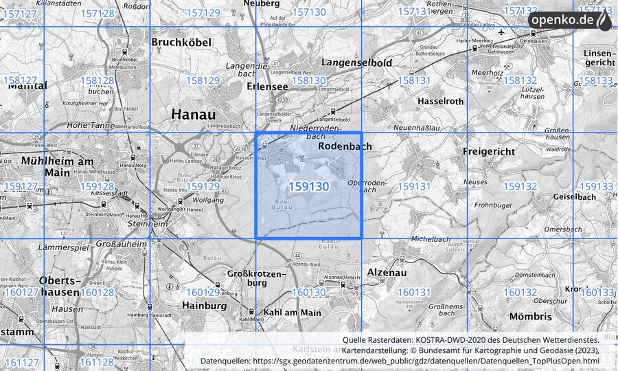 Übersichtskarte des KOSTRA-DWD-2020-Rasterfeldes Nr. 159130