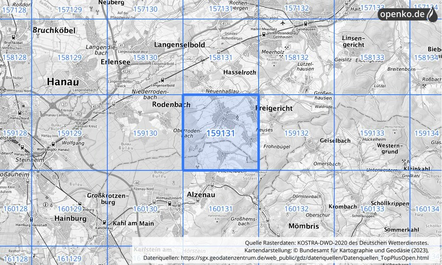 Übersichtskarte des KOSTRA-DWD-2020-Rasterfeldes Nr. 159131