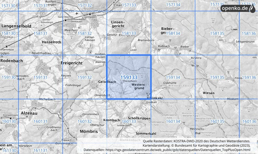 Übersichtskarte des KOSTRA-DWD-2020-Rasterfeldes Nr. 159133