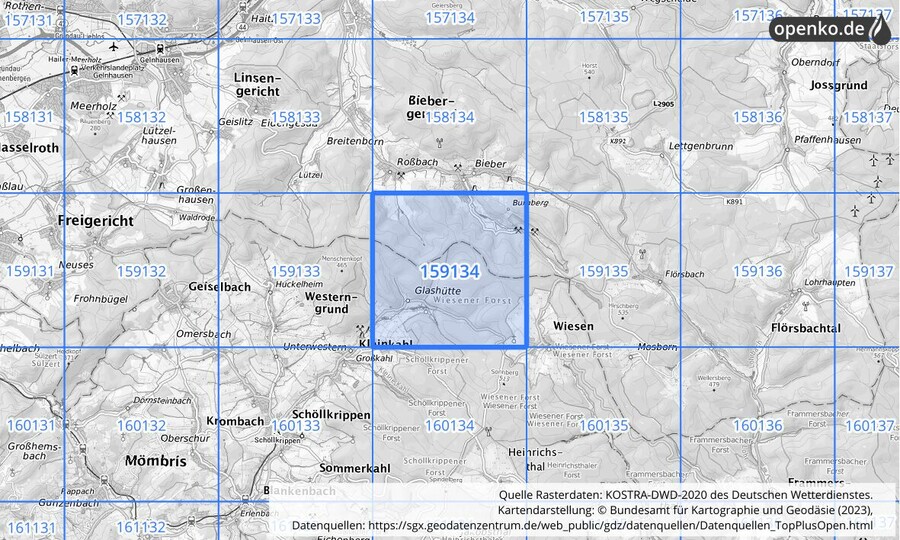 Übersichtskarte des KOSTRA-DWD-2020-Rasterfeldes Nr. 159134