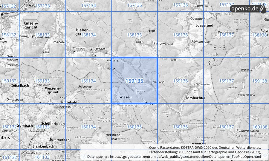 Übersichtskarte des KOSTRA-DWD-2020-Rasterfeldes Nr. 159135