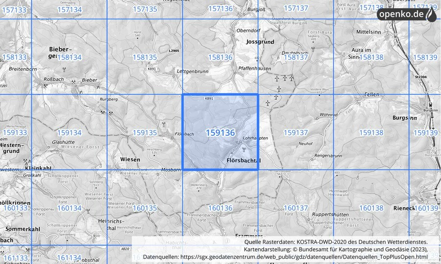 Übersichtskarte des KOSTRA-DWD-2020-Rasterfeldes Nr. 159136