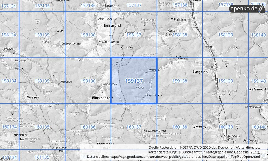 Übersichtskarte des KOSTRA-DWD-2020-Rasterfeldes Nr. 159137