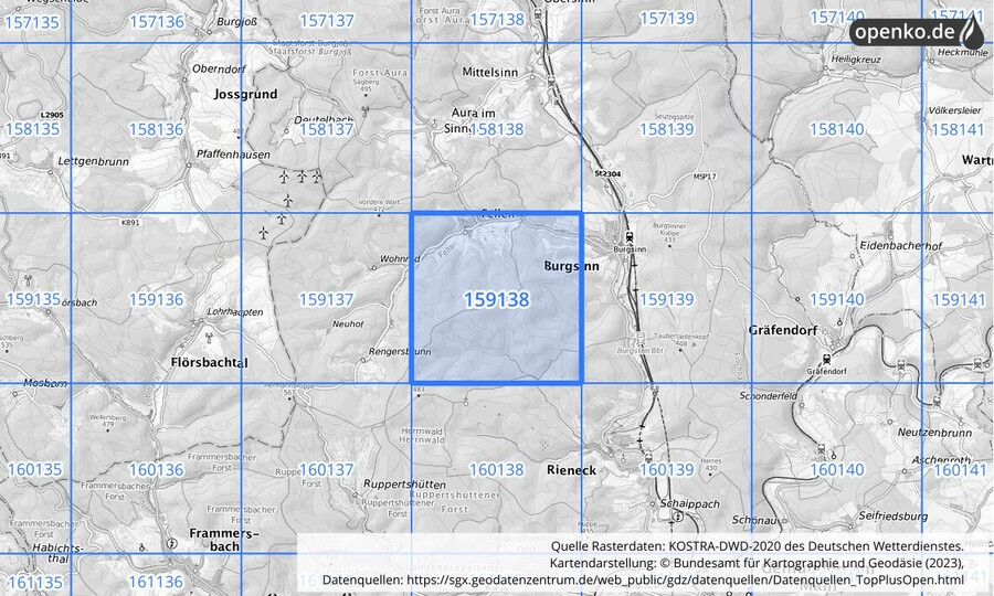 Übersichtskarte des KOSTRA-DWD-2020-Rasterfeldes Nr. 159138