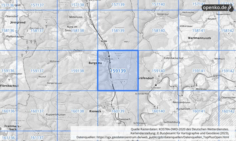 Übersichtskarte des KOSTRA-DWD-2020-Rasterfeldes Nr. 159139