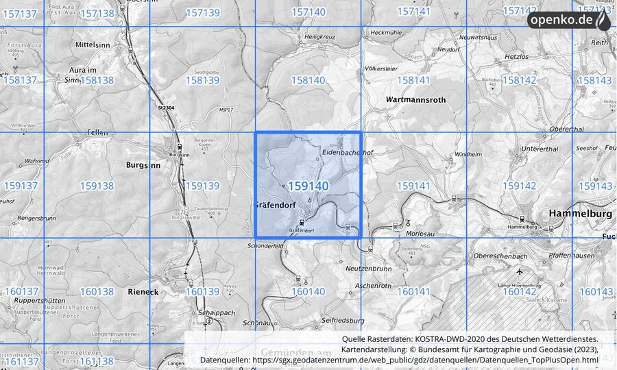 Übersichtskarte des KOSTRA-DWD-2020-Rasterfeldes Nr. 159140